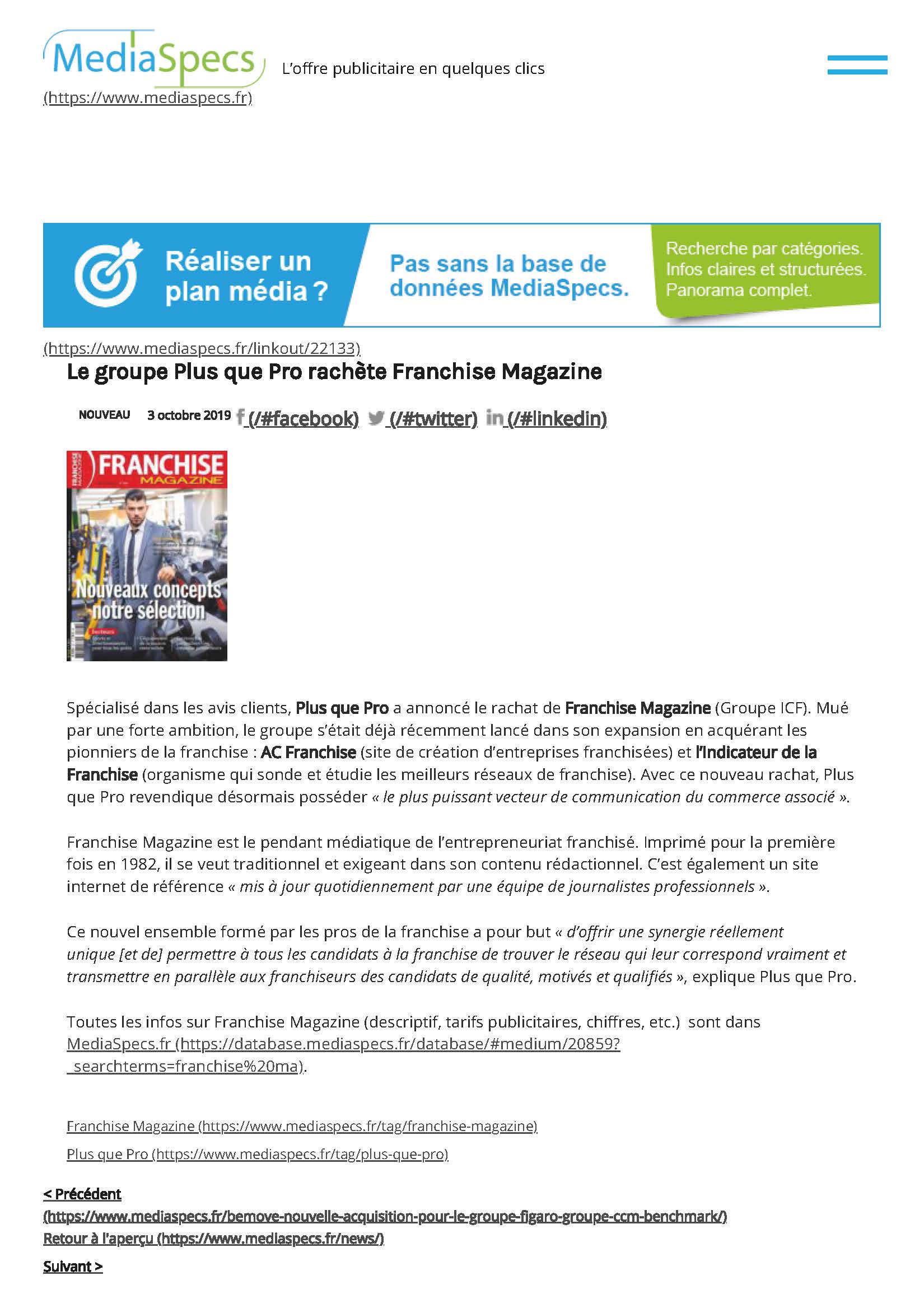 Article MediaSpecs sur le rachat de Franchise Magazine