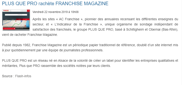 Le rachat de Franchise Magazine par Plus que pro évoqué dans Fusacq