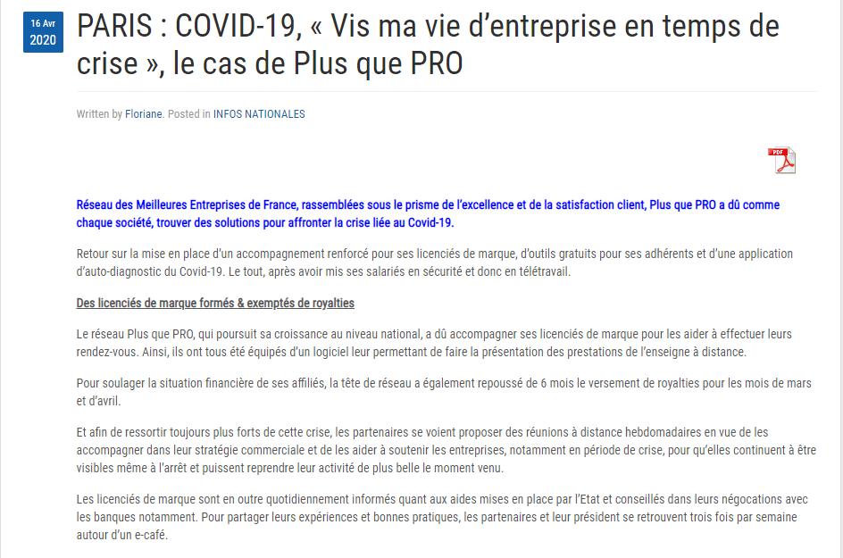 Article Agence Presse sur les solutions mises en place par Plus que pro durant la crise liée au Covid-19