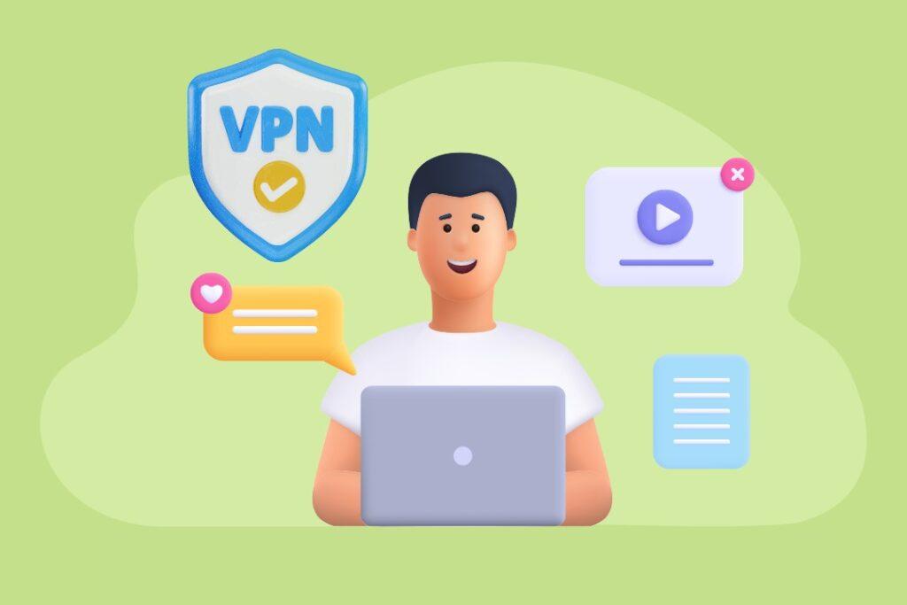 Un personnage stylisé travaillant sur un ordinateur portable, entouré d'icônes représentant un VPN, un message, une vidéo et un document, sur un fond vert clair